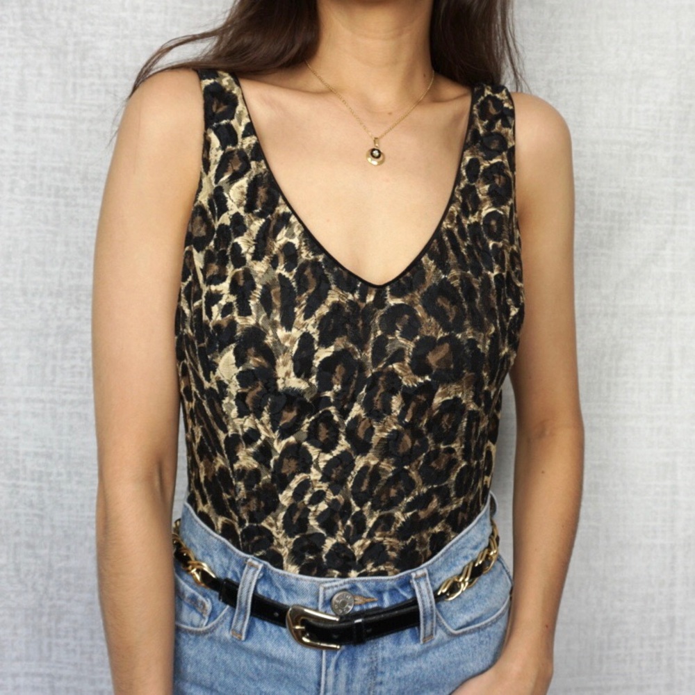Vintage Lace Cheetah Print V-Neck Tank Top Blouse